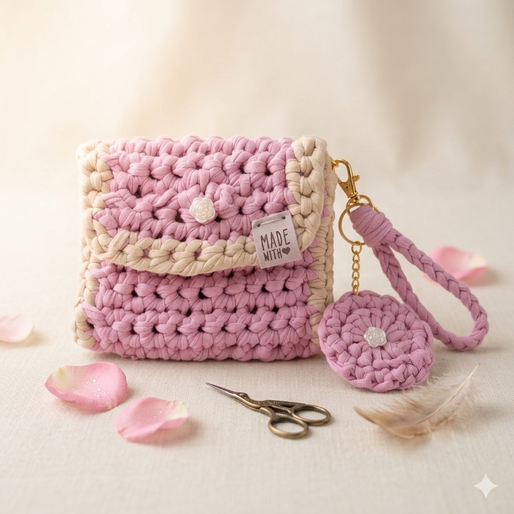 Handmade Crochet Pink & Cream Coin Purse with Wristlet